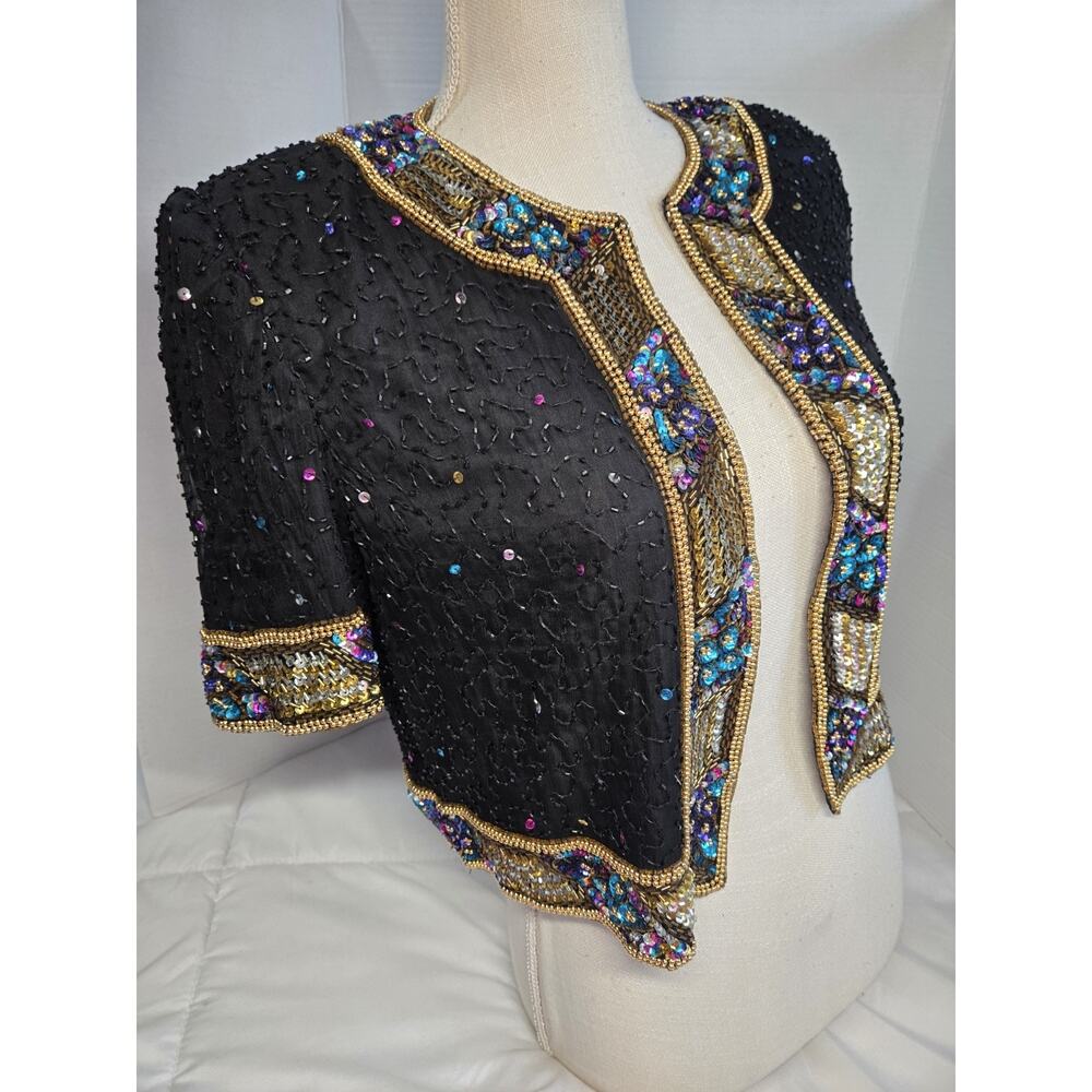 Vtg 80's Embroidered Beaded Sequin Bolero 100% Silk Lined Retro Psicodelic Wimsy
